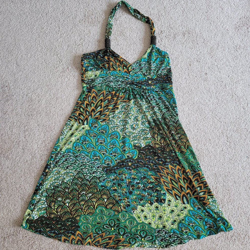 Stretch Halter Sundress Green Copper Paisley L